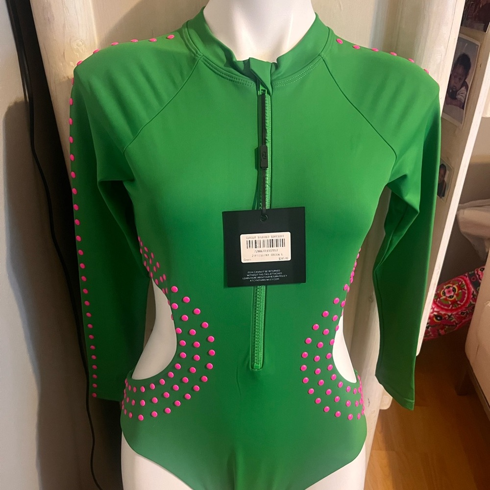 Cynthia Rowley Green and Pink Bodysuit with Cut-Out Design